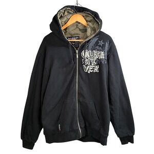 Quiksilver Zip Up Hoodie Fleece Lined Camo Graphic Print Large Y2k Skater Grunge